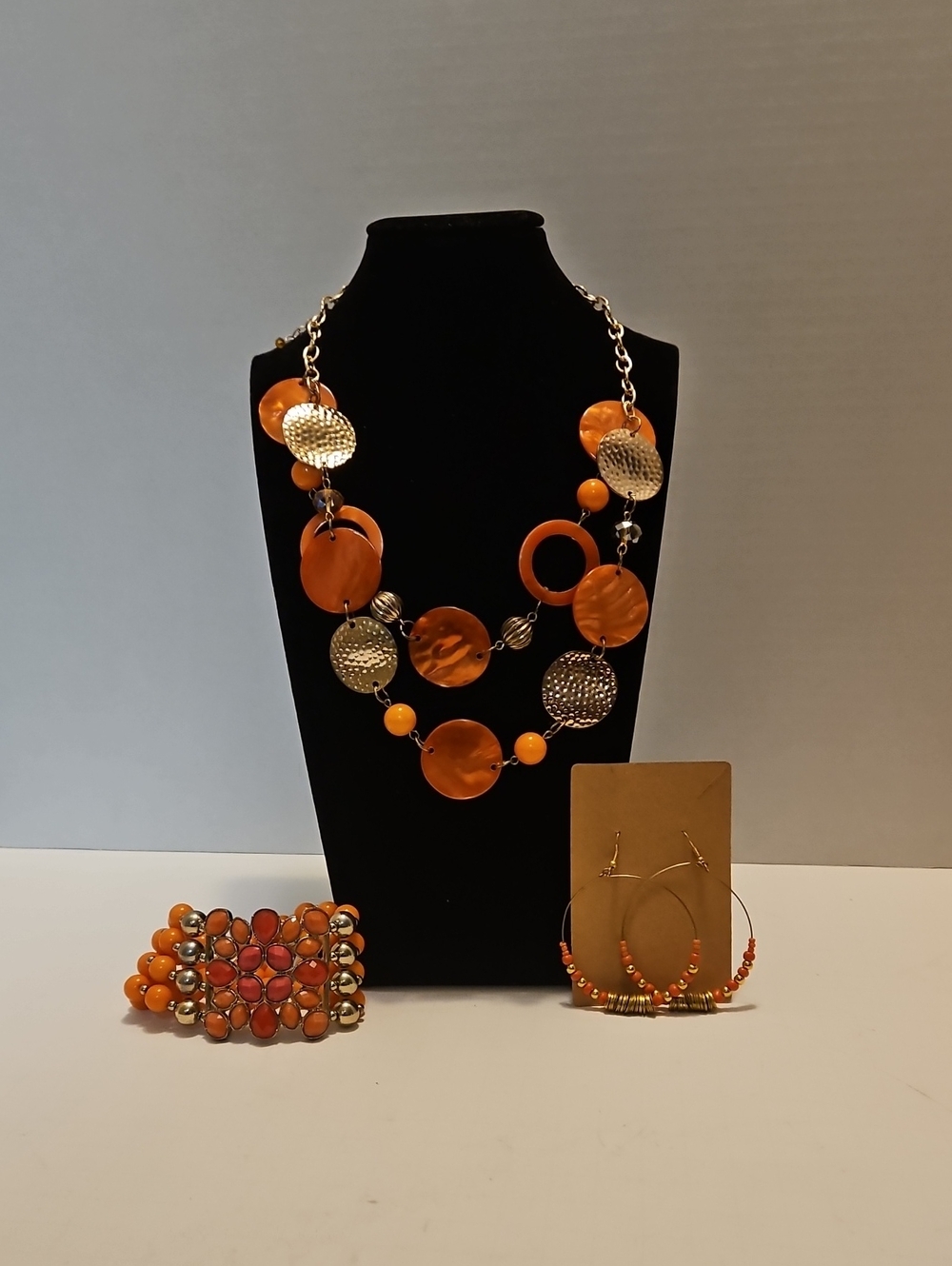 Orange Beaded Statement Necklace and Earring Set